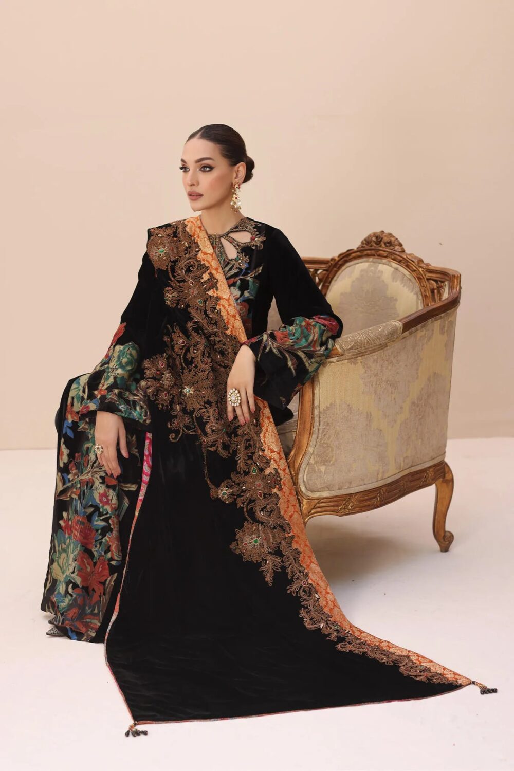 Black Embroidered Pakistani Salwar Kameez with Shawl - Image 2