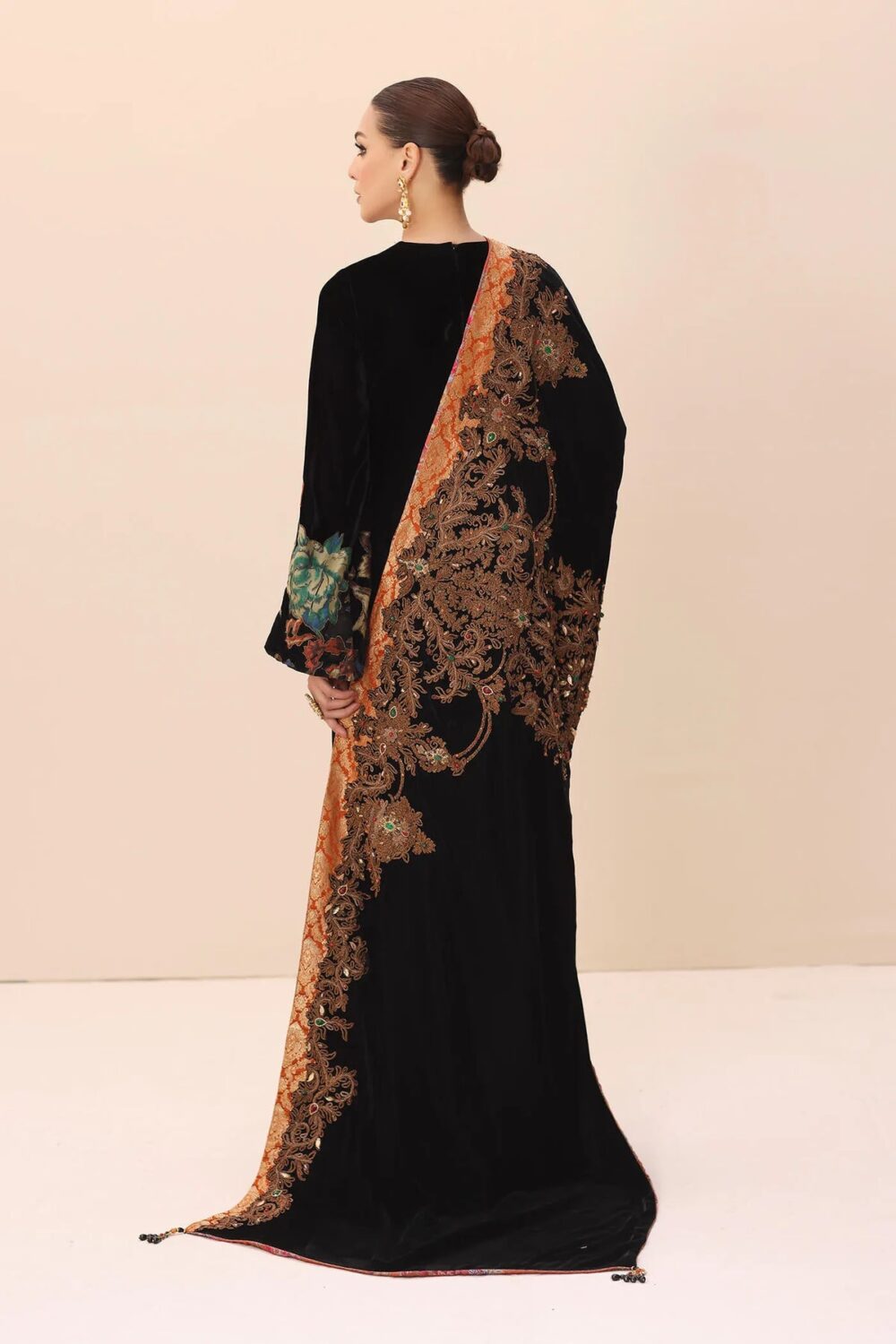 Black Embroidered Pakistani Salwar Kameez with Shawl - Image 3