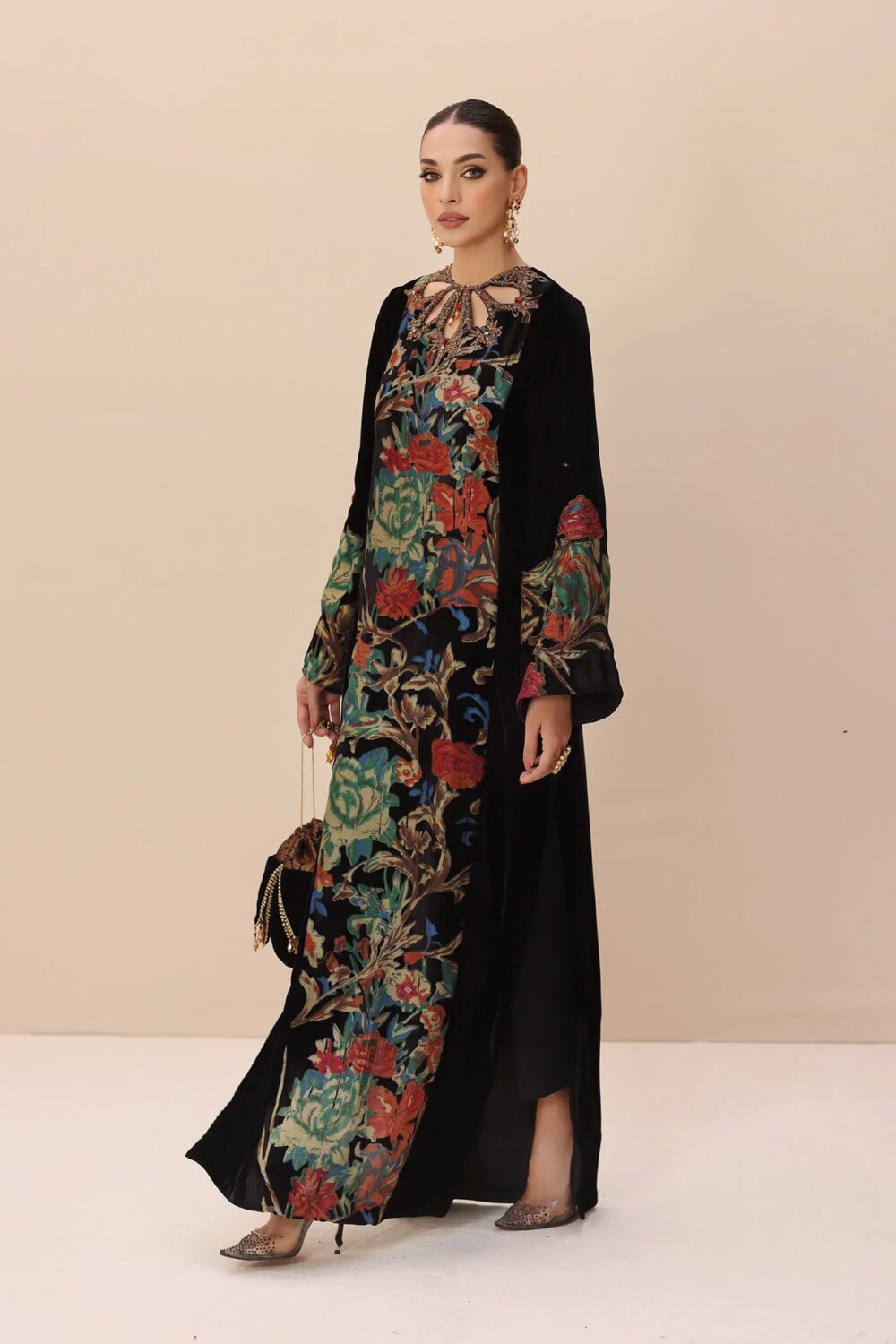 Black Embroidered Pakistani Salwar Kameez with Shawl - Image 4