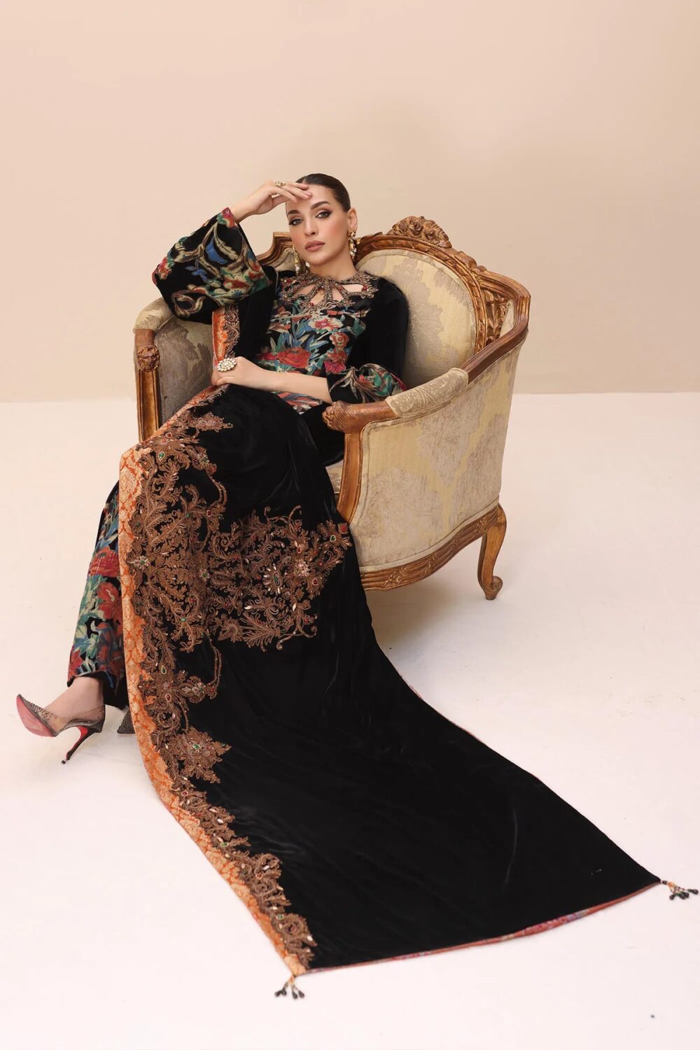 Black Embroidered Pakistani Salwar Kameez with Shawl - Image 6