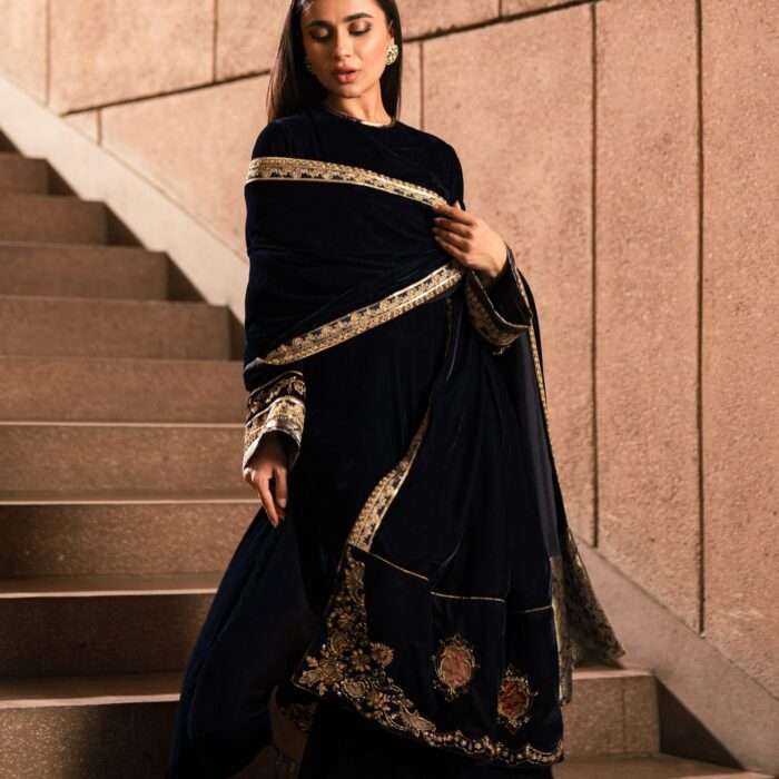 Navy Magic Velvet Shawl Set (D-09)