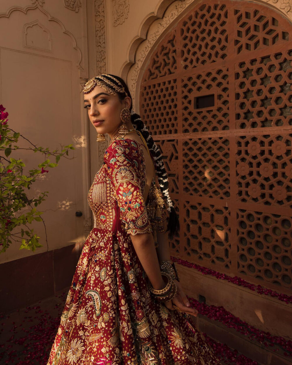 Bridal Wedding Dress in Red Lehenga and Frock Style - Image 3