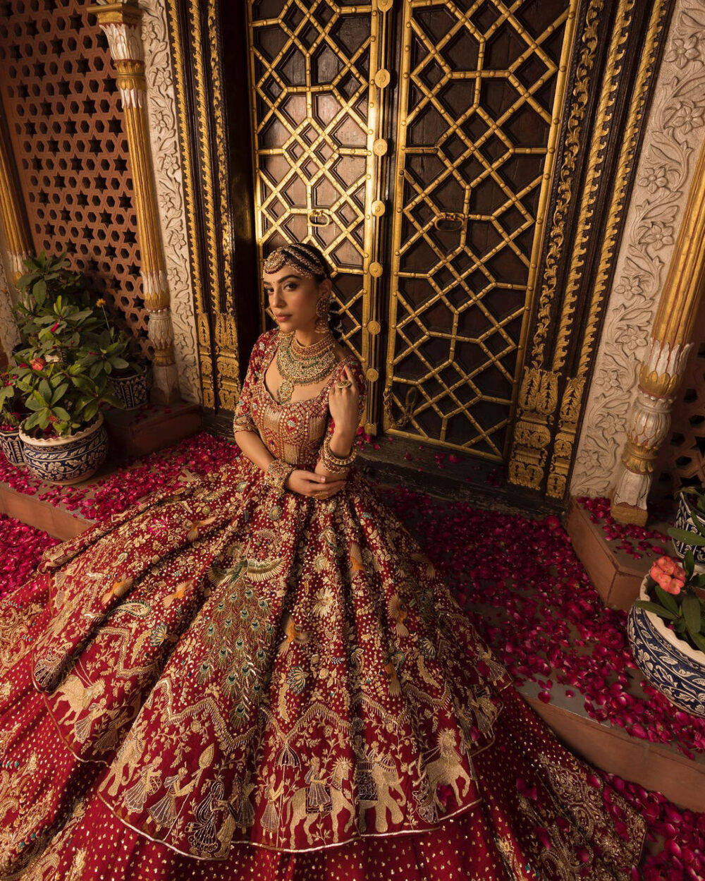 Bridal Wedding Dress in Red Lehenga and Frock Style - Image 4