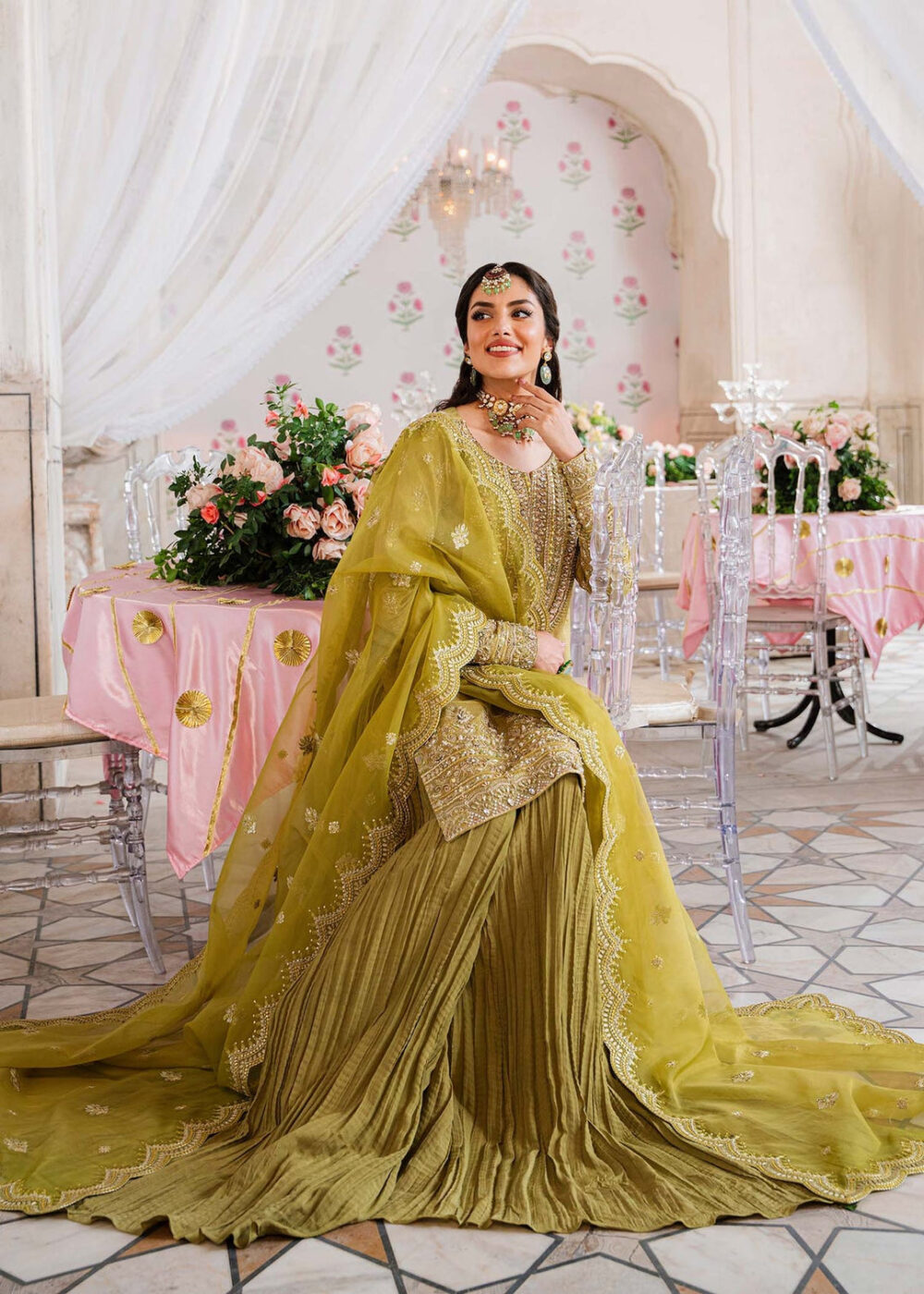 Royal Mehndi Green Embroidered Pakistani Sharara Kameez in Crushed Style - Image 4