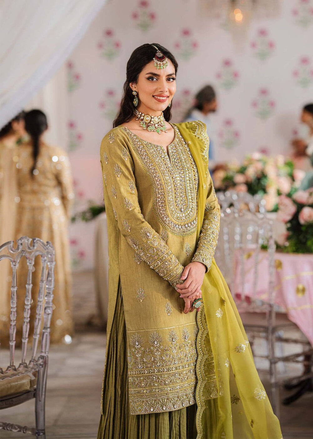 Royal Mehndi Green Embroidered Pakistani Sharara Kameez in Crushed Style - Image 5