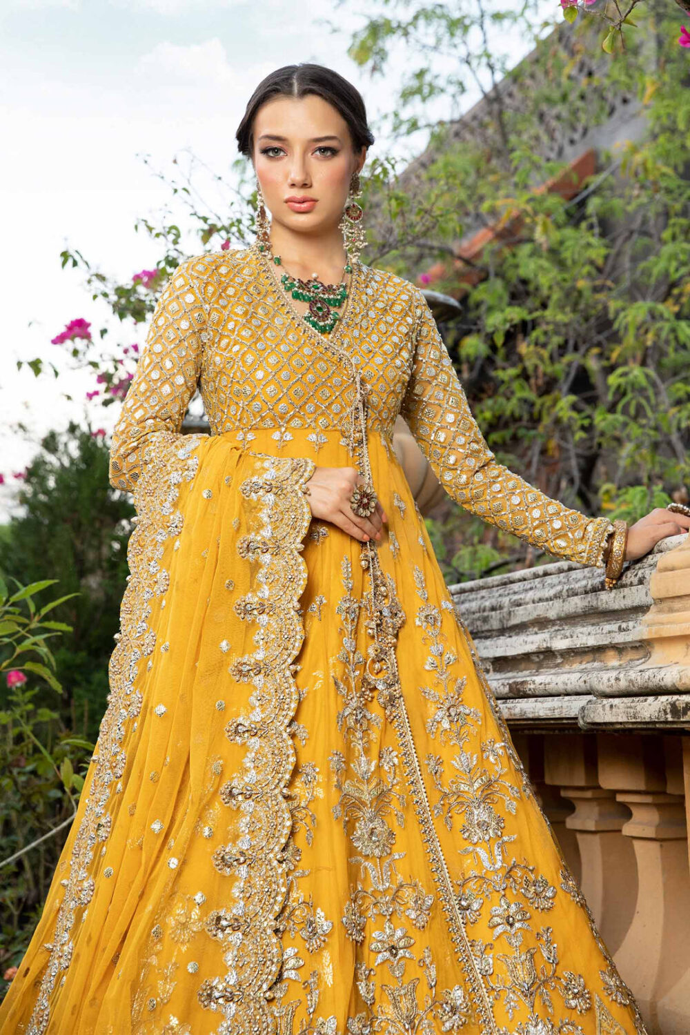 Pakistani Bridal Mehndi Dress in Angrakha Lehenga Style - Image 8