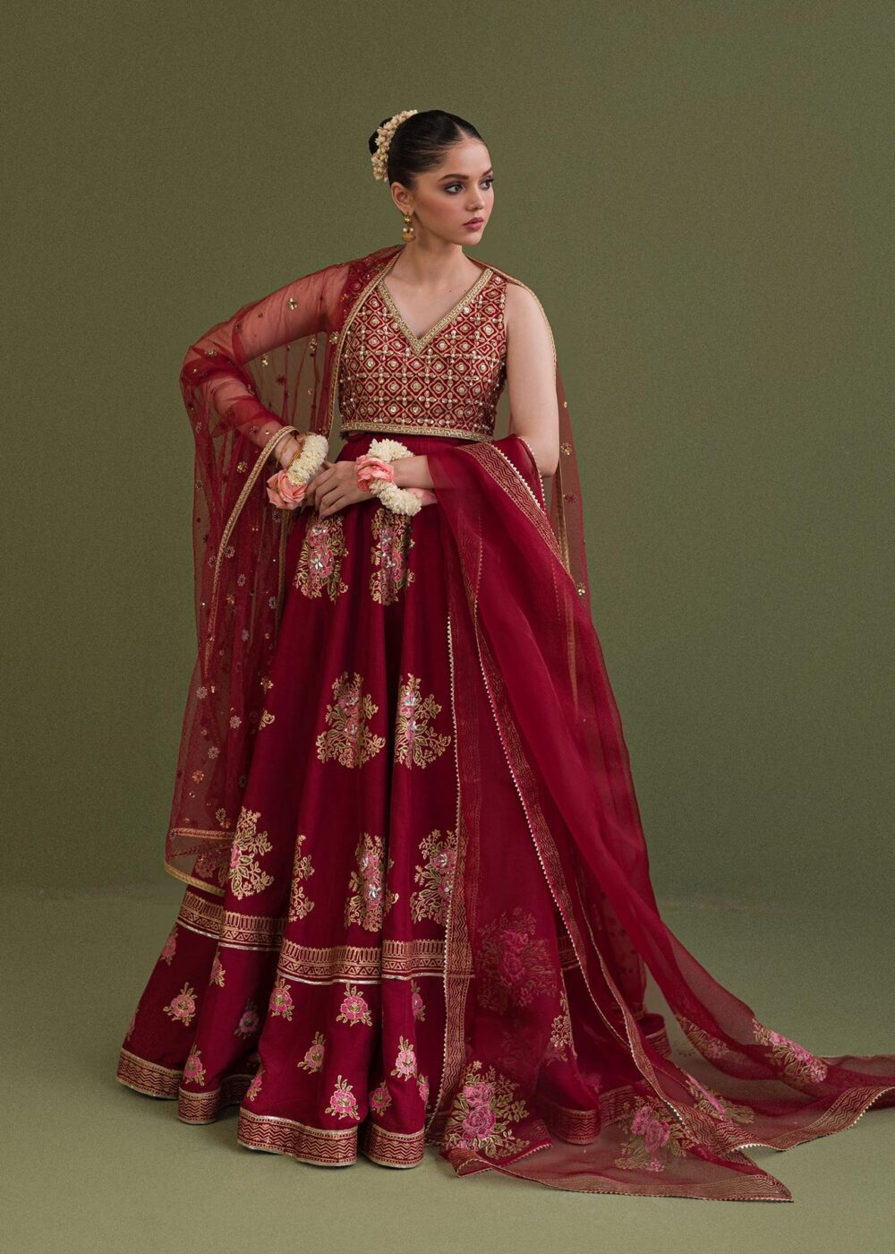 Classic Red Pakistani Wedding Wear Embroidered Lehenga Choli Duaptta - Image 2