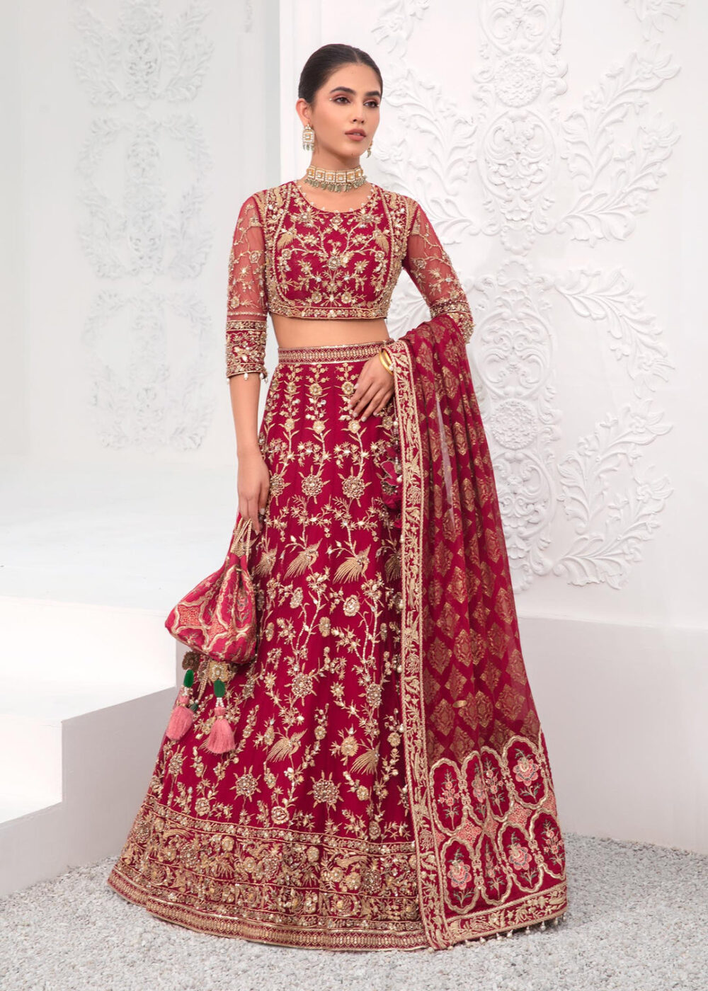 Deep Red Lehenga Choli Dupatta Indian Bridal Dress - Image 3