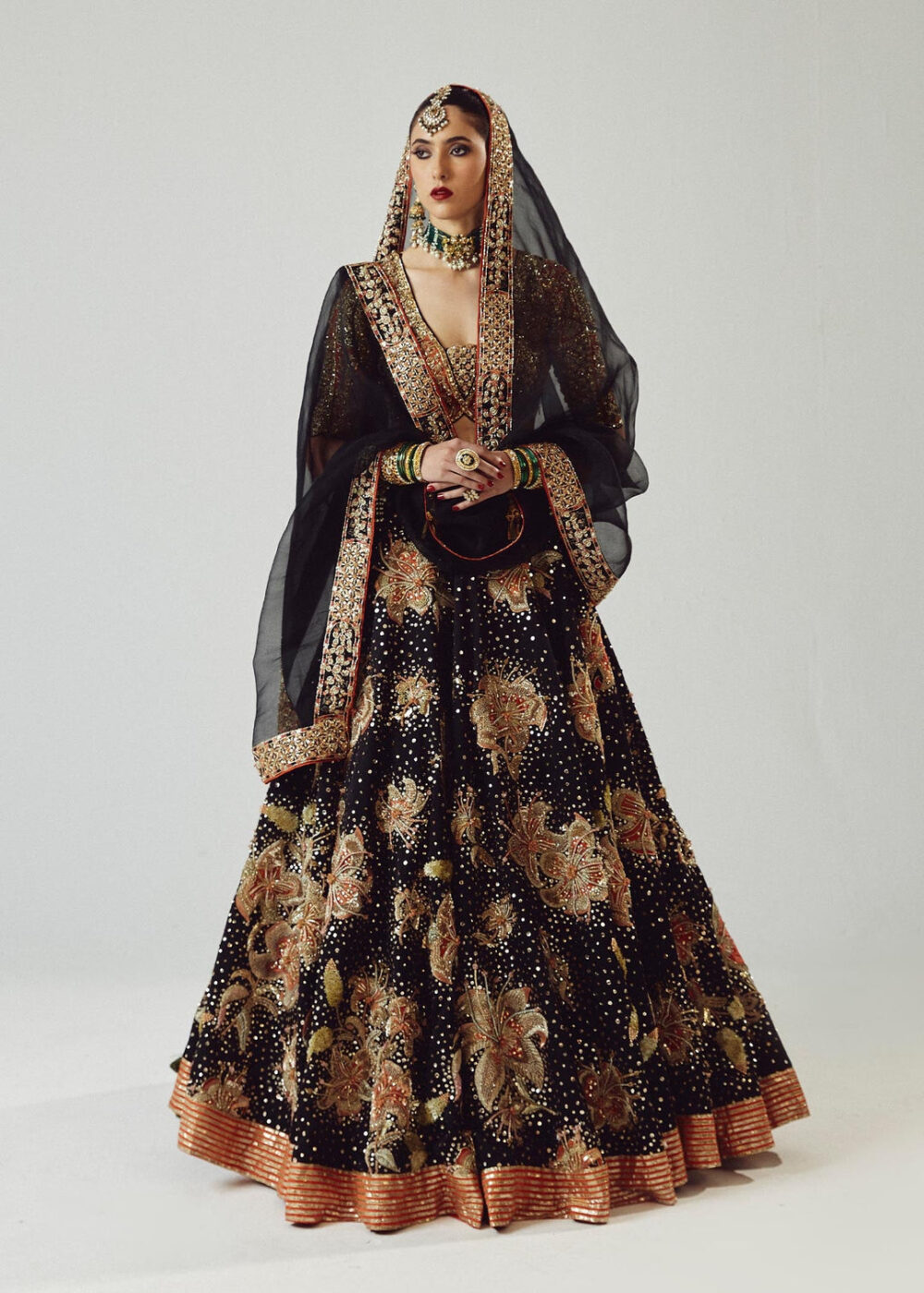 Embellished Black Lehenga with Choli and Dupatta Dress