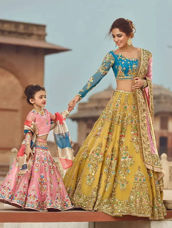 Elegant Mustard Contrast Embroidered Pakistani Bridal Dress Lehenga Choli