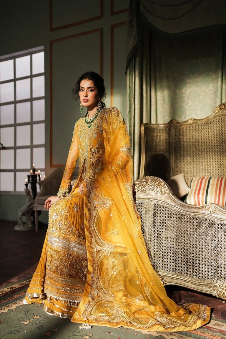 Mustard Pakistani Bridal Dress in Sharara Kameez Style
