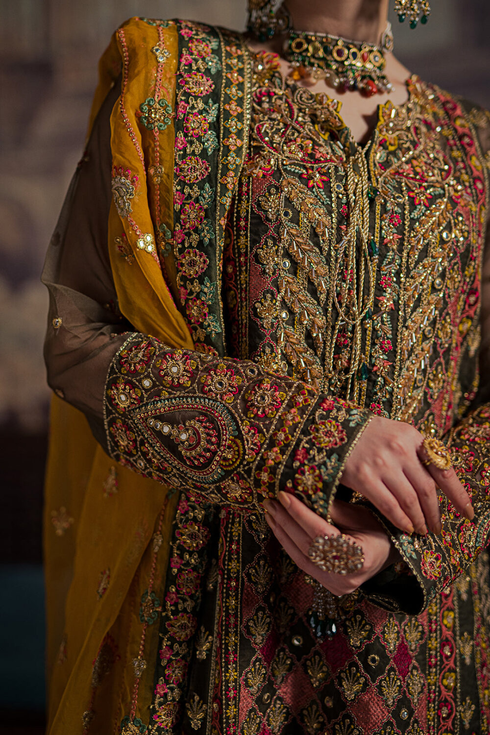 Embellished Green Mehndi Dress in Kameez Trouser Style - Image 4