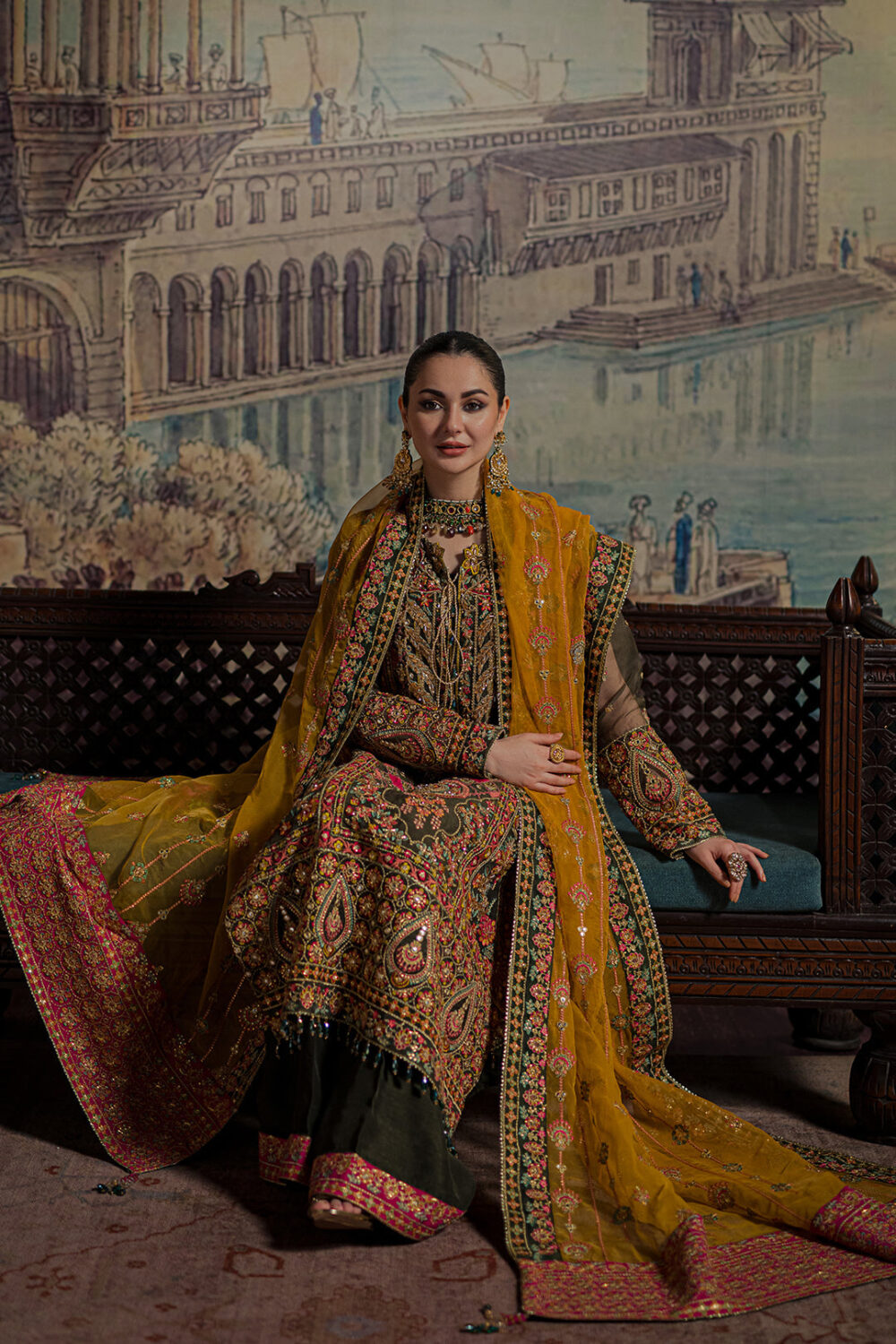 Embellished Green Mehndi Dress in Kameez Trouser Style - Image 3