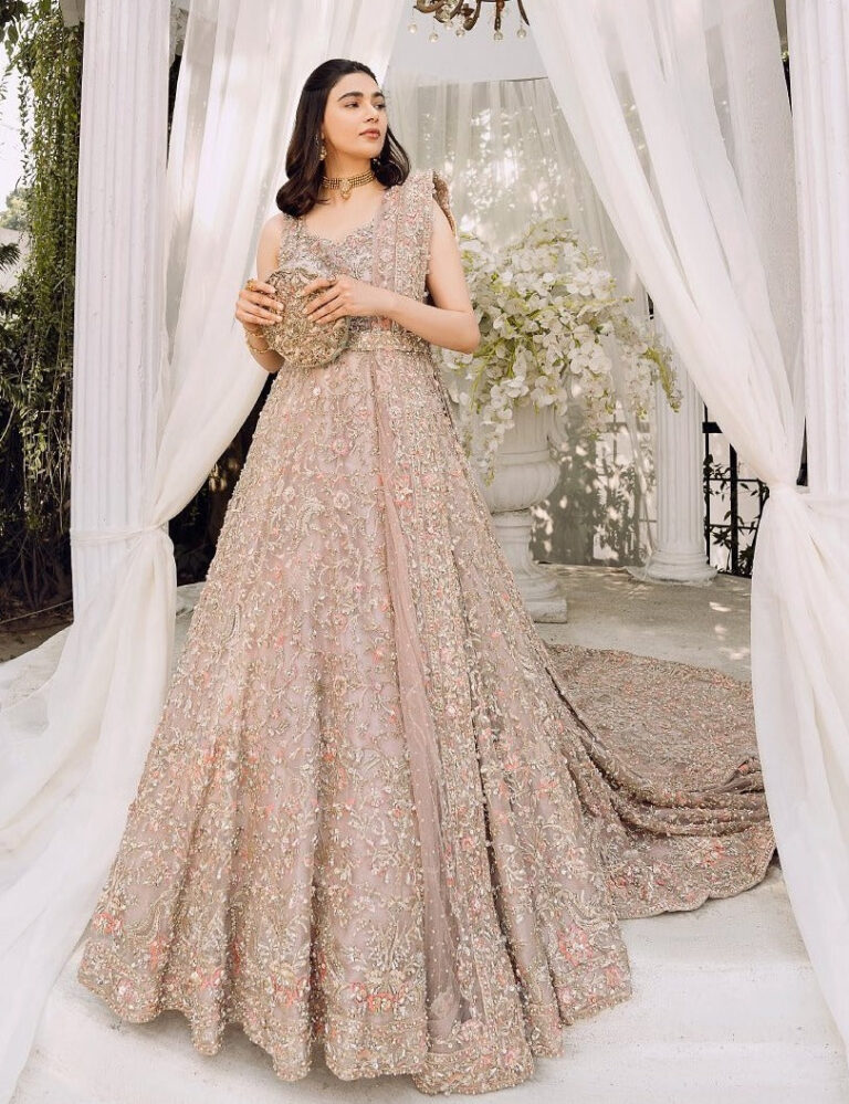 Embellished Indian Bridal Wear Peach Pink Lehenga Frock
