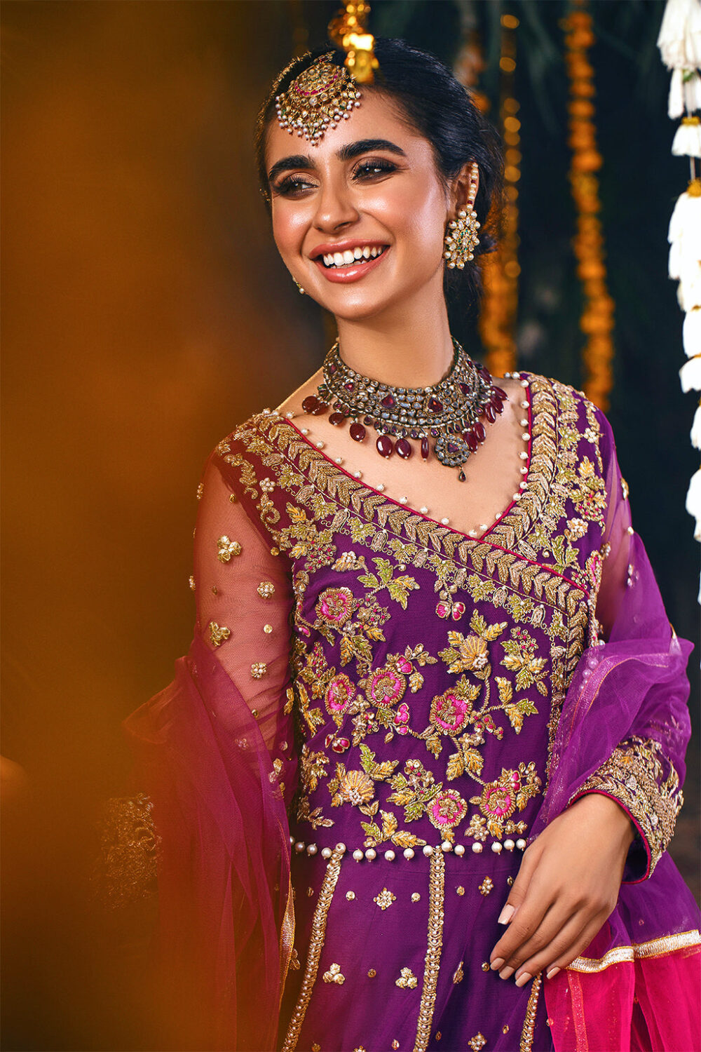 Embellished Purple Kalidar Pishwas Pakistani Mehndi Dresses - Image 2