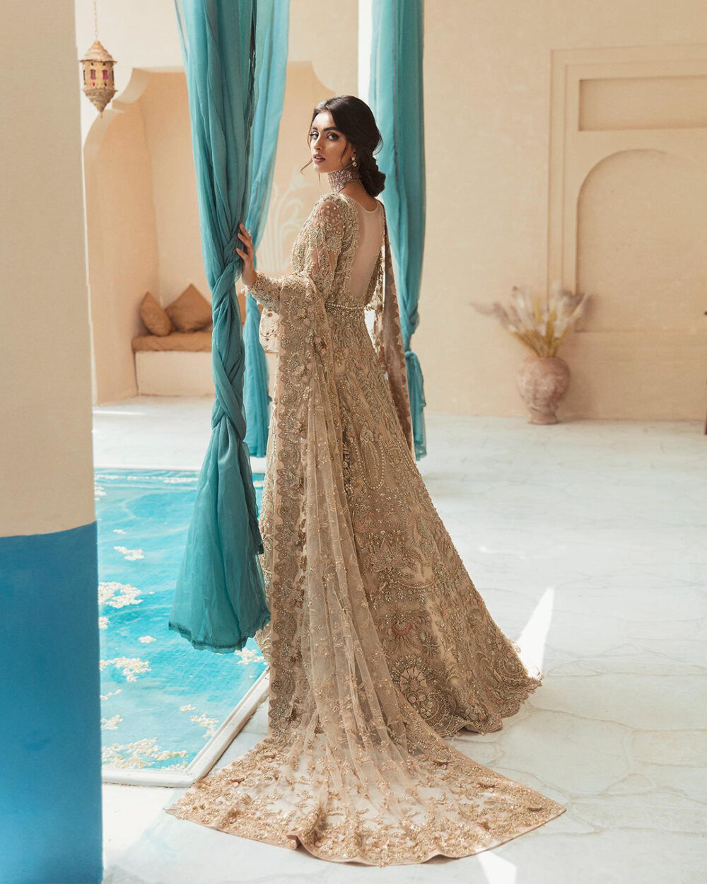 Golden Open Gown with Bridal Lehenga and Dupatta Dress - Image 3