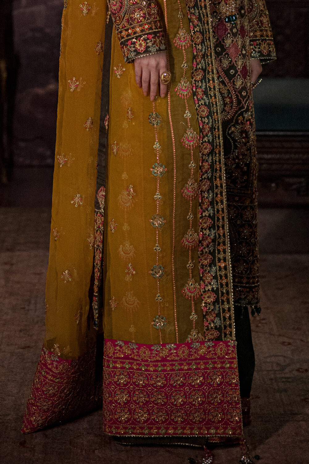 Embellished Green Mehndi Dress in Kameez Trouser Style - Image 6