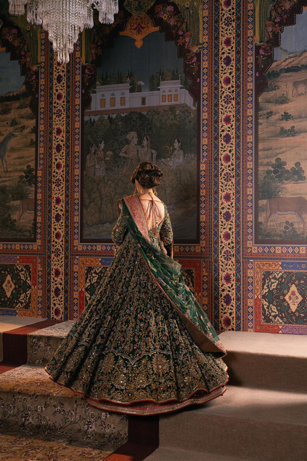 Green Pakistani Mehndi Dress in Pishwas Frock Style - Image 3