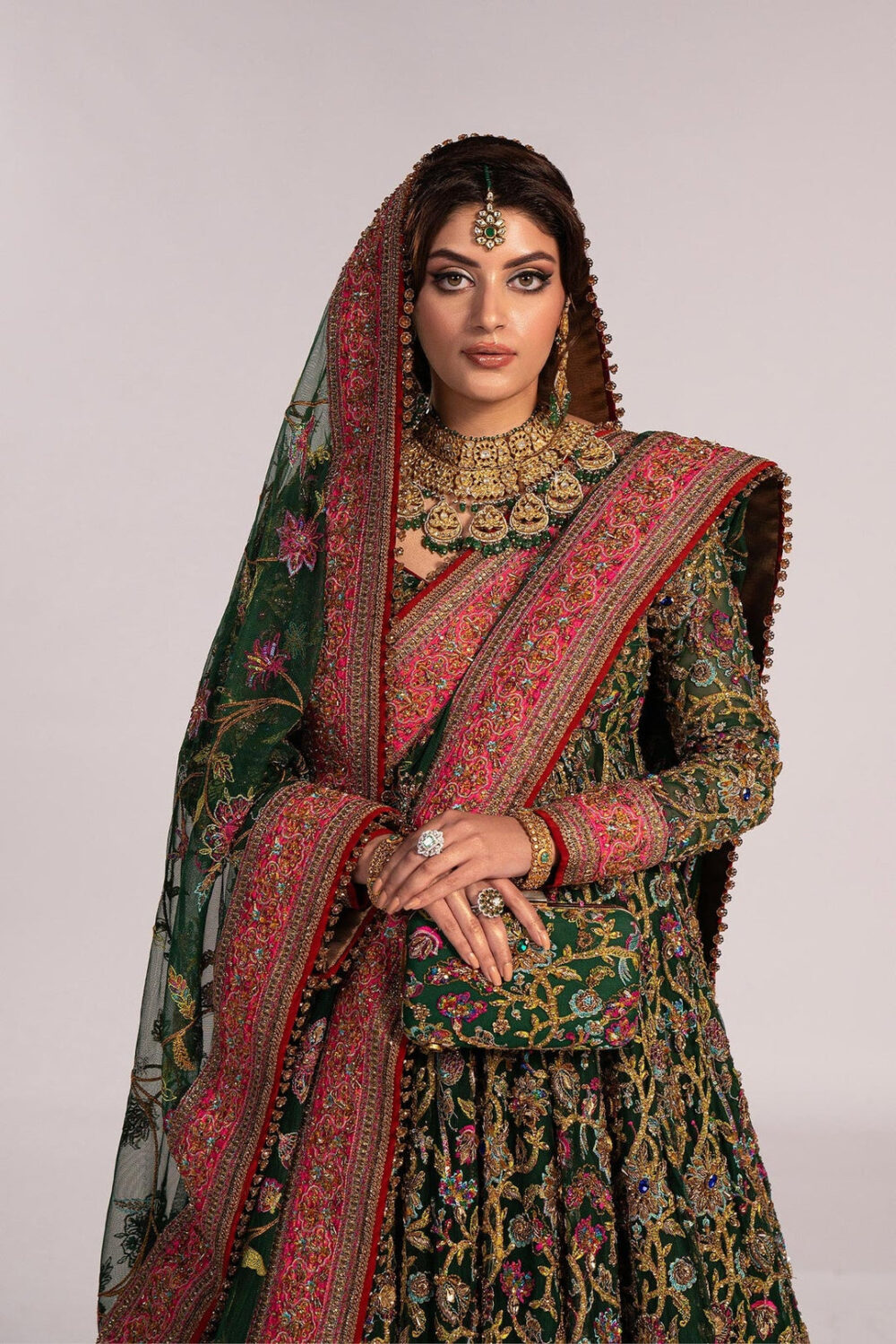 Green Pakistani Mehndi Dress in Pishwas Frock Style - Image 2