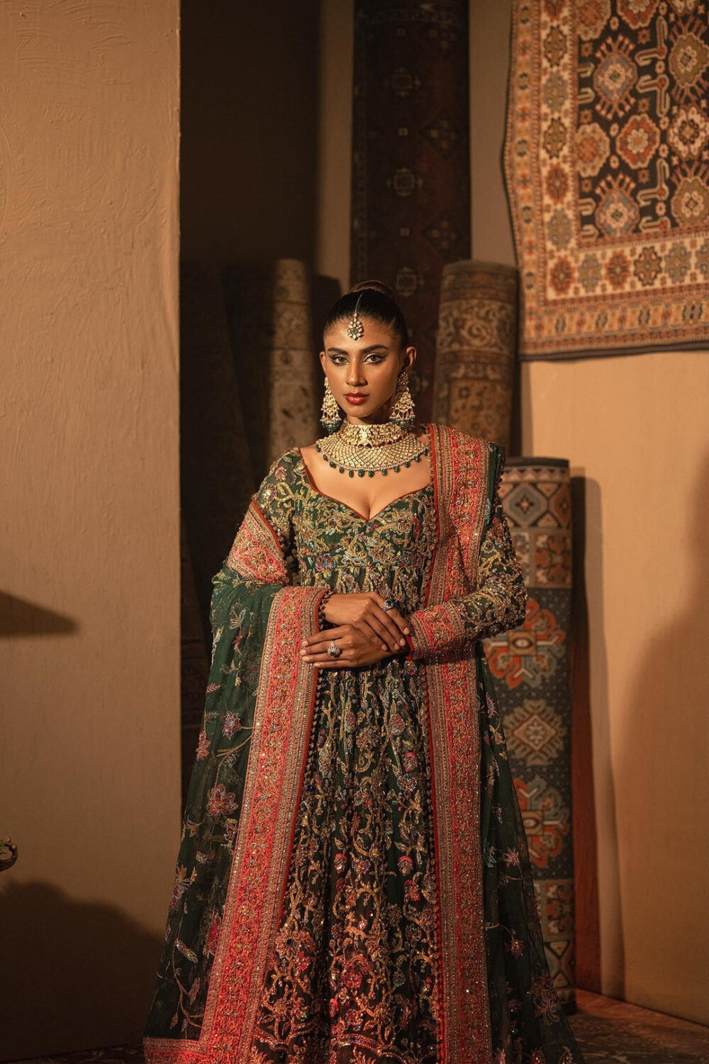 Green Pakistani Mehndi Dress in Pishwas Frock Style - Image 6