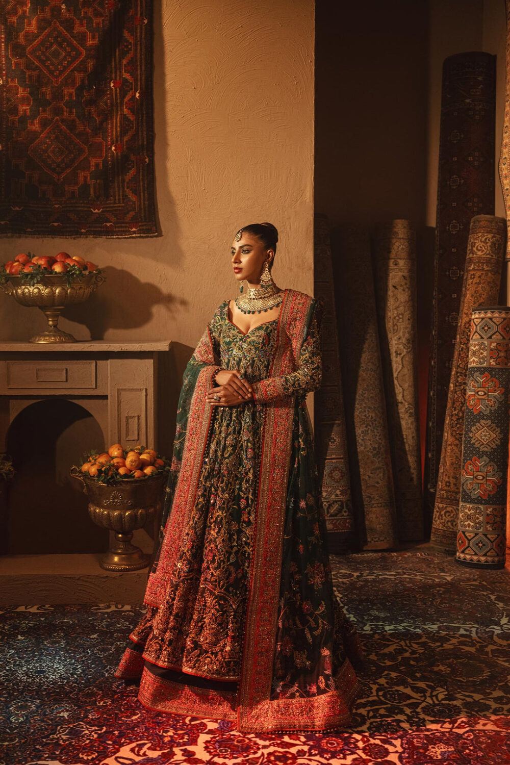 Green Pakistani Mehndi Dress in Pishwas Frock Style - Image 4
