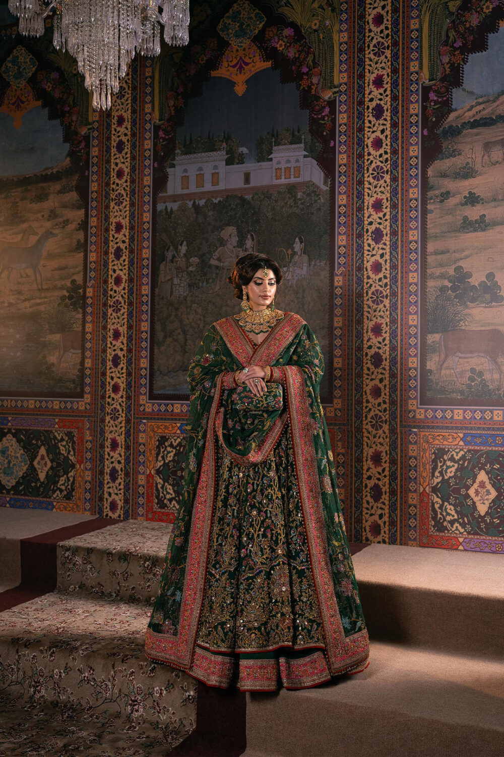 Green Pakistani Mehndi Dress in Pishwas Frock Style