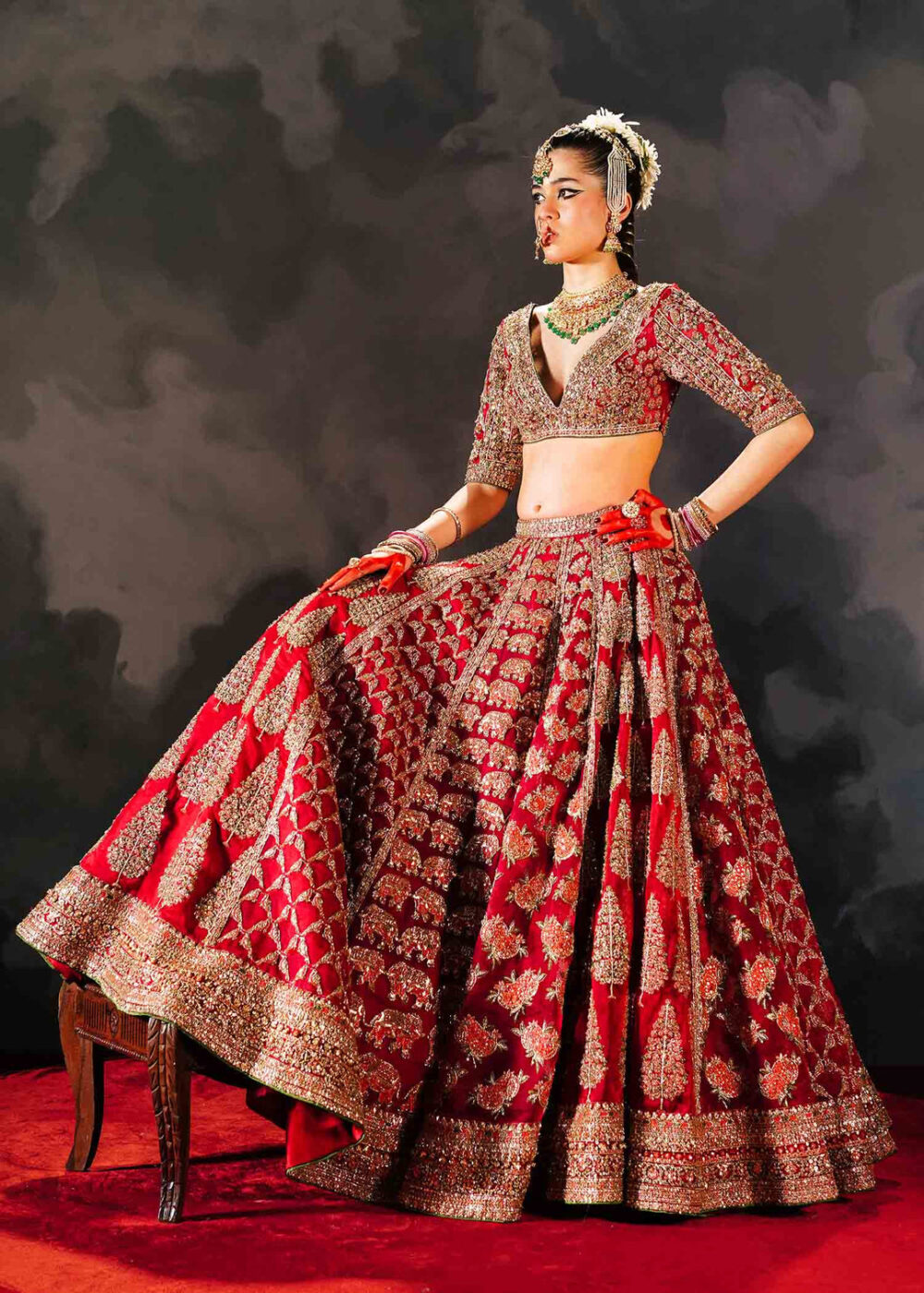 Indian Bridal Dress in Red Lehenga and Choli Style - Image 3