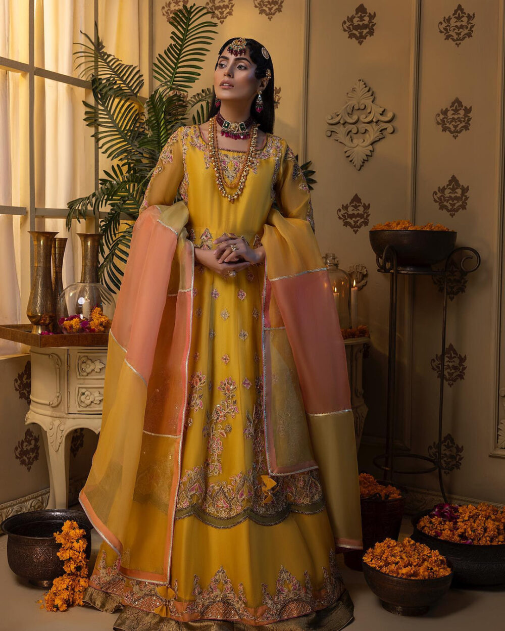 Bridal Lehenga and Pishwas Yellow Mehndi Dress #BS835 - Image 3
