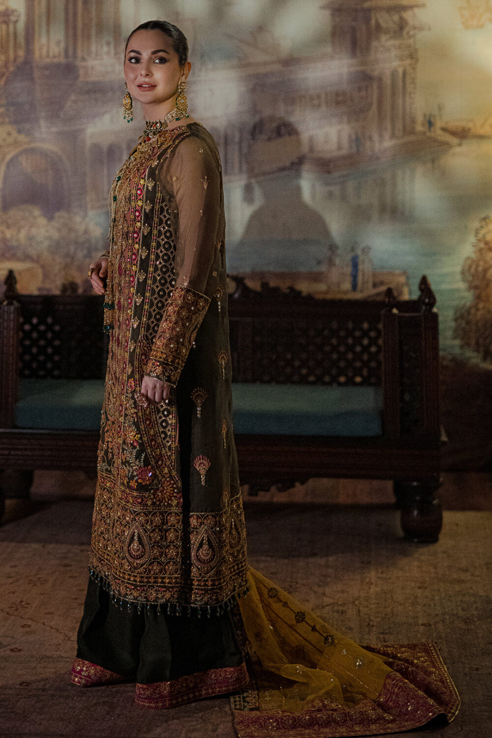 Embellished Green Mehndi Dress in Kameez Trouser Style - Image 2