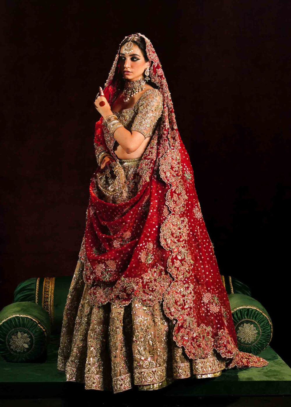 Golden Lehenga Choli with Maroon Dupatta for Wedding - Image 4