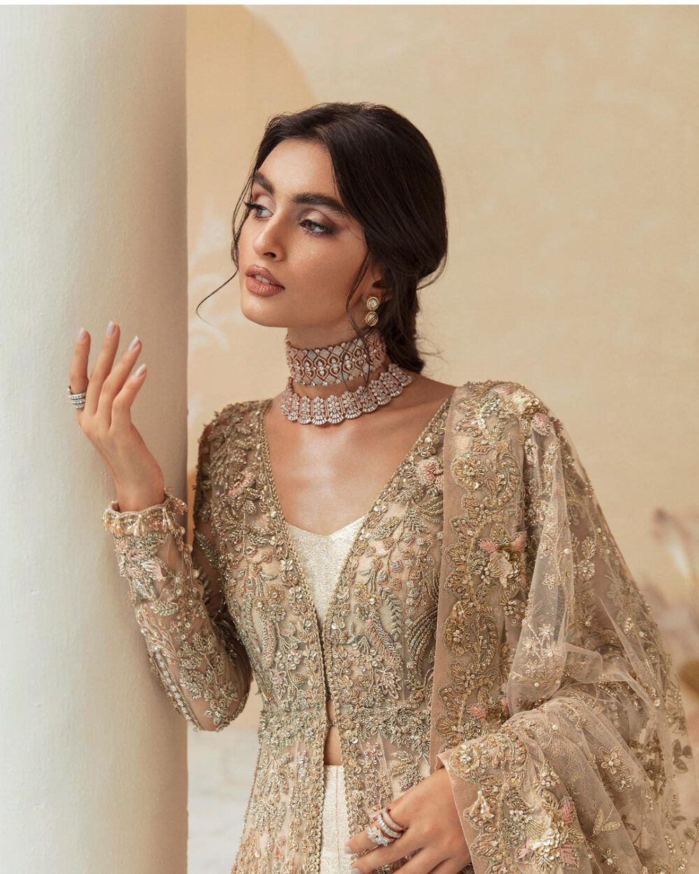 Golden Open Gown with Bridal Lehenga and Dupatta Dress - Image 2