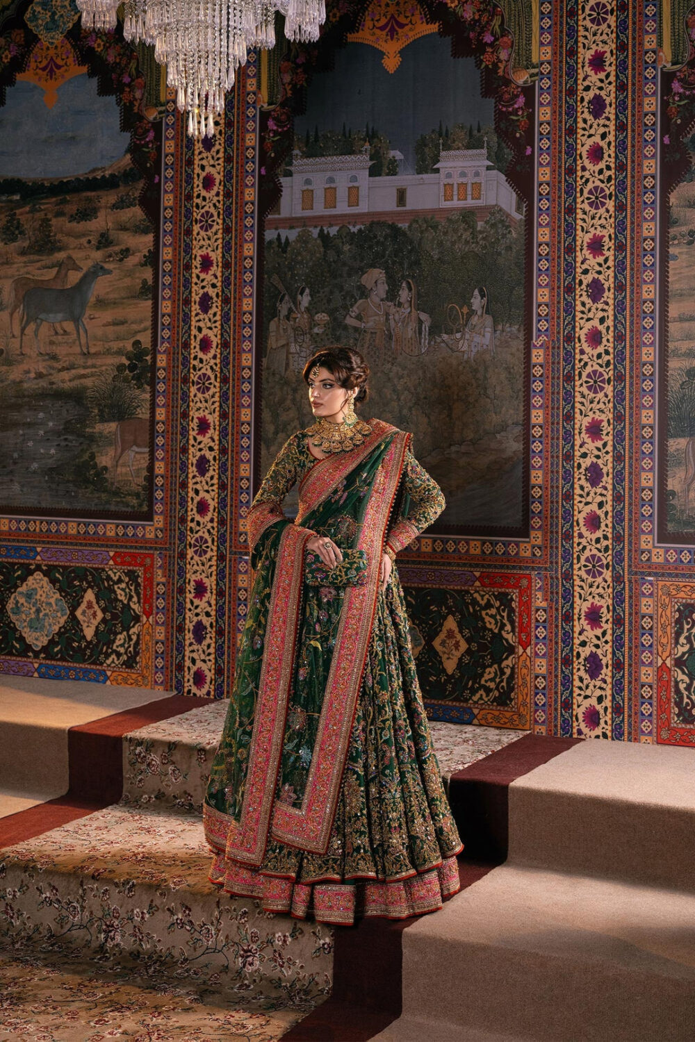 Green Pakistani Mehndi Dress in Pishwas Frock Style - Image 7
