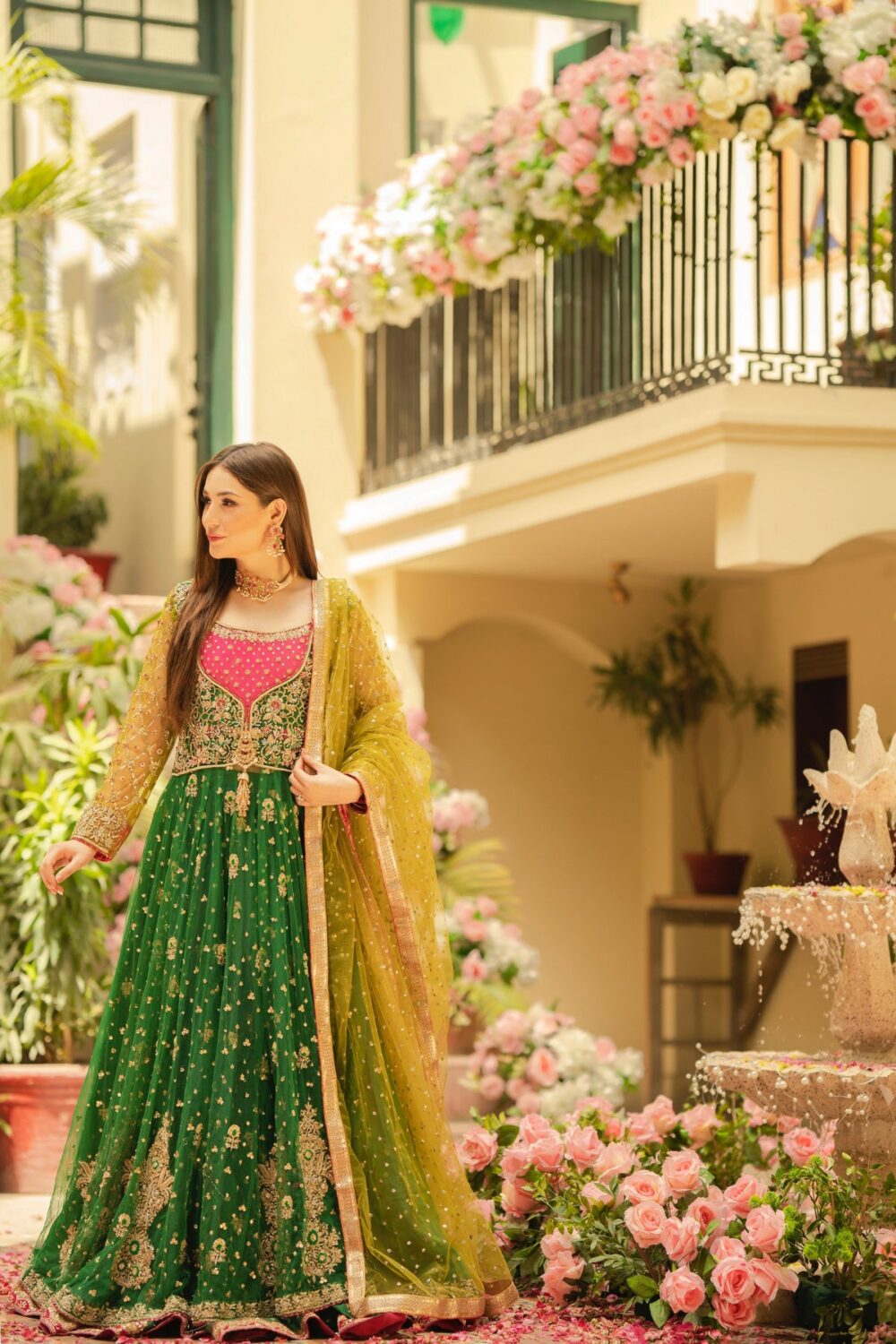 Green Pishwas Frock and Lehenga Pakistani Bridal Dress - Image 2