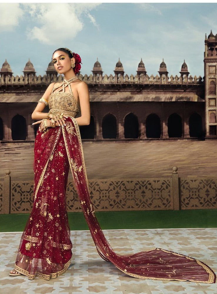 IndianSareeinDarkRedColorwithBlouseforBride_1080x