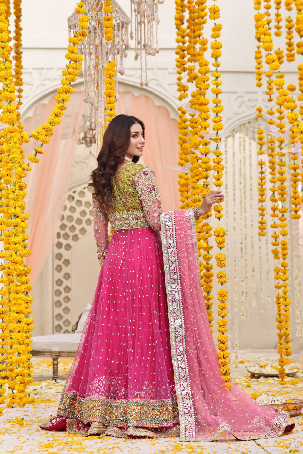 Mehndi Dress in Open Pishwas Frock and Lehenga Style - Image 4