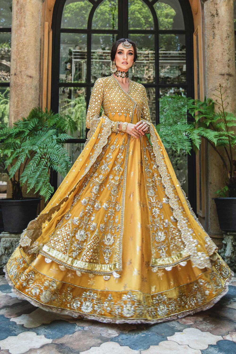Pakistani Bridal Mehndi Dress in Angrakha Lehenga Style - Image 4