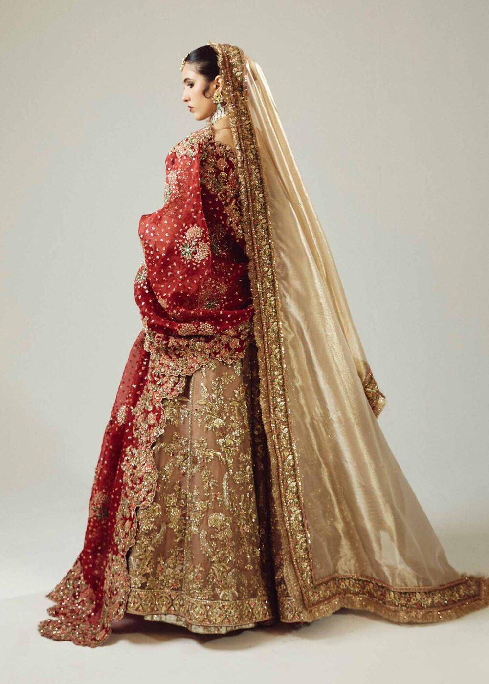 Golden Lehenga Choli with Maroon Dupatta for Wedding - Image 2