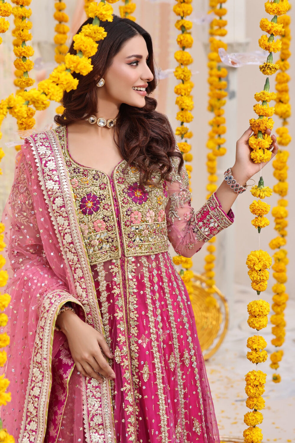 Mehndi Dress in Open Pishwas Frock and Lehenga Style - Image 2