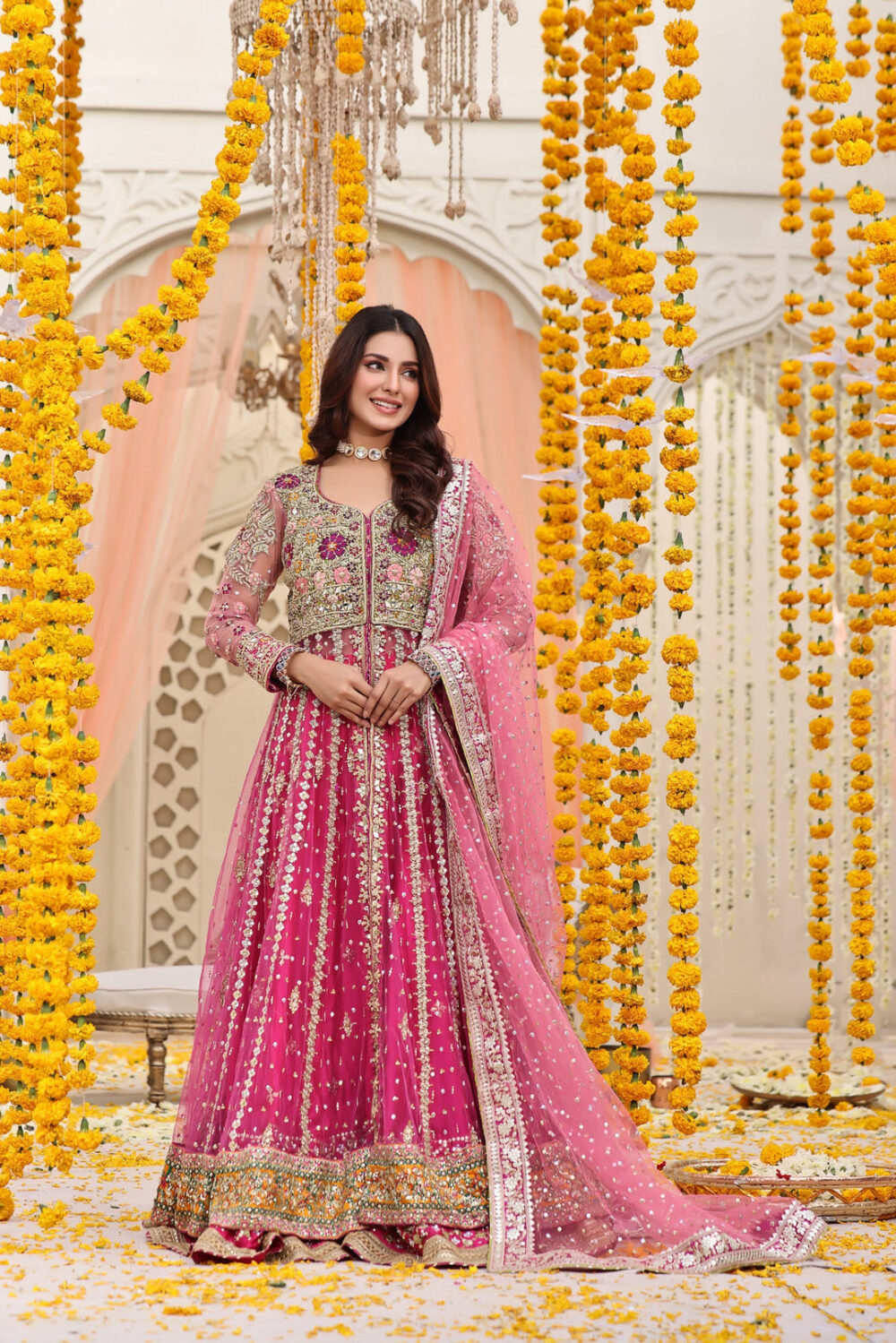 Mehndi Dress in Open Pishwas Frock and Lehenga Style - Image 3