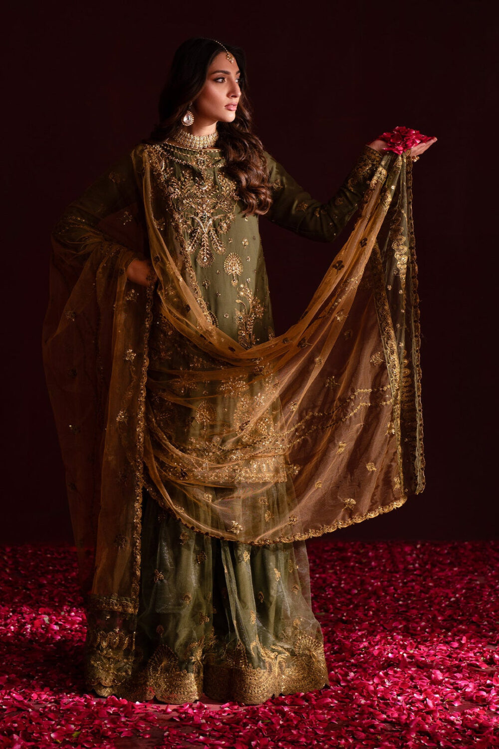 Mehndi Green Embroidered Pakistani Salwar Kameez in Farshi Gharara Style - Image 2