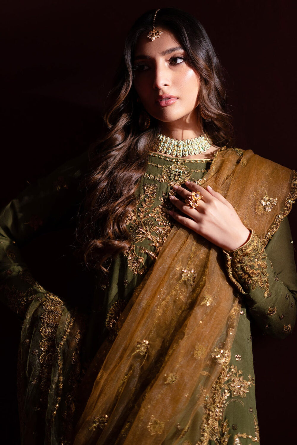 Mehndi Green Embroidered Pakistani Salwar Kameez in Farshi Gharara Style - Image 3