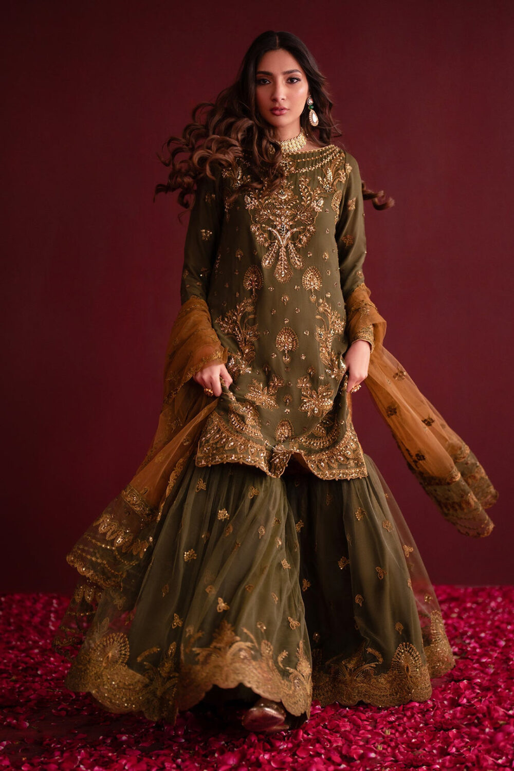 Mehndi Green Embroidered Pakistani Salwar Kameez in Farshi Gharara Style - Image 4
