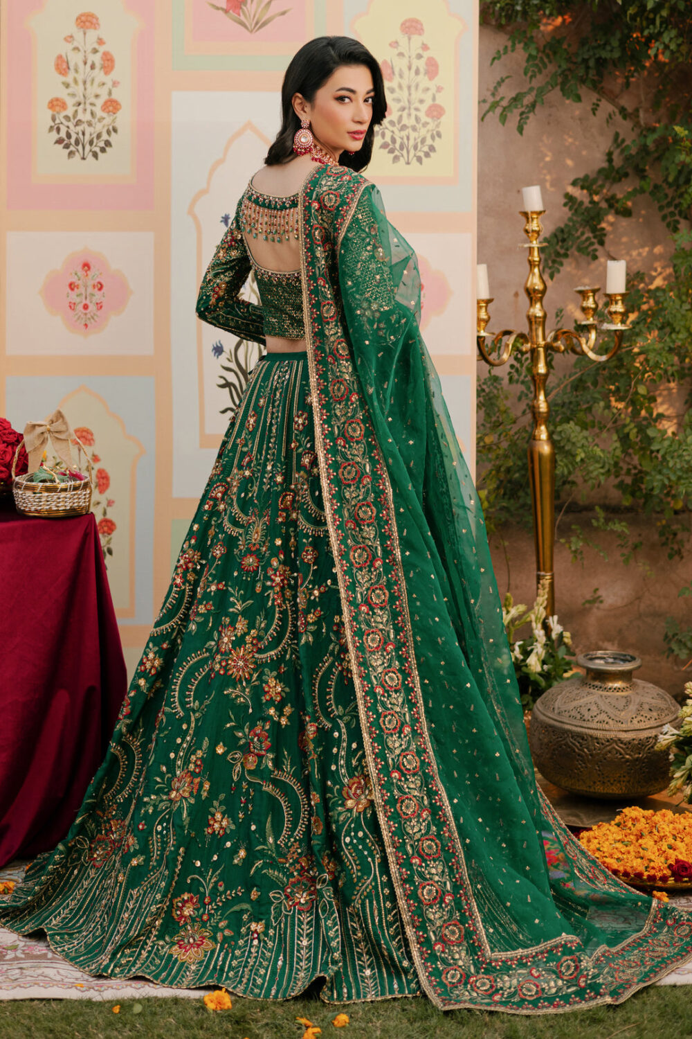 Mehndi Green Heavily Embellished Pakistani Wedding Dress Lehenga Choli - Image 5