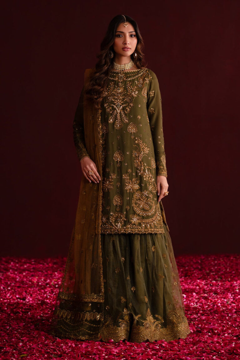 Mehndi Green Embroidered Pakistani Salwar Kameez in Farshi Gharara Style
