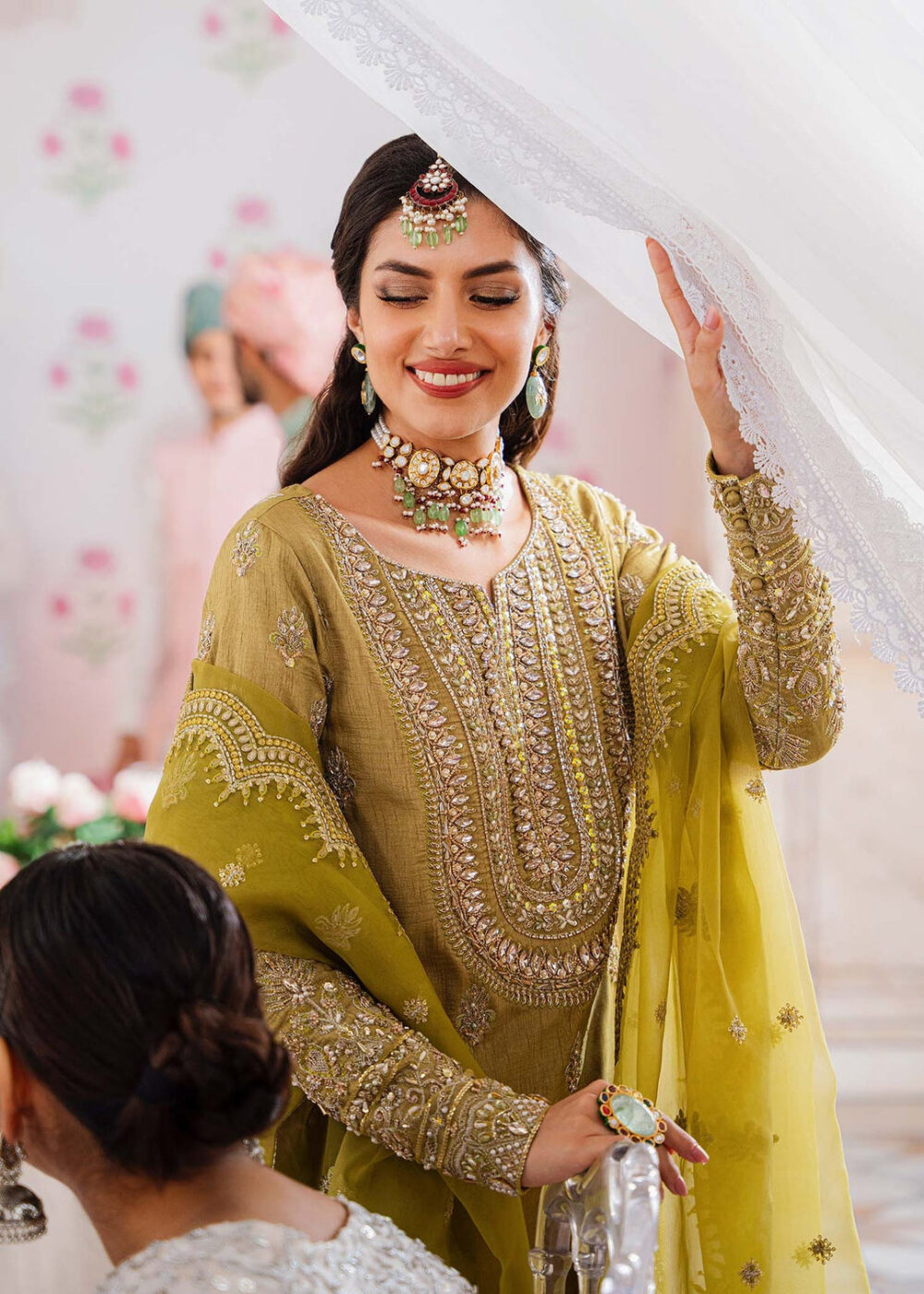 Royal Mehndi Green Embroidered Pakistani Sharara Kameez in Crushed Style - Image 2