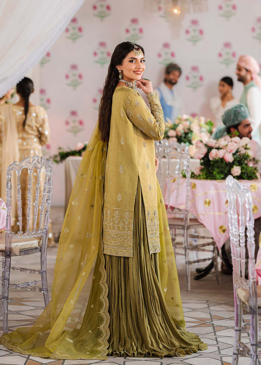 Royal Mehndi Green Embroidered Pakistani Sharara Kameez in Crushed Style - Image 3