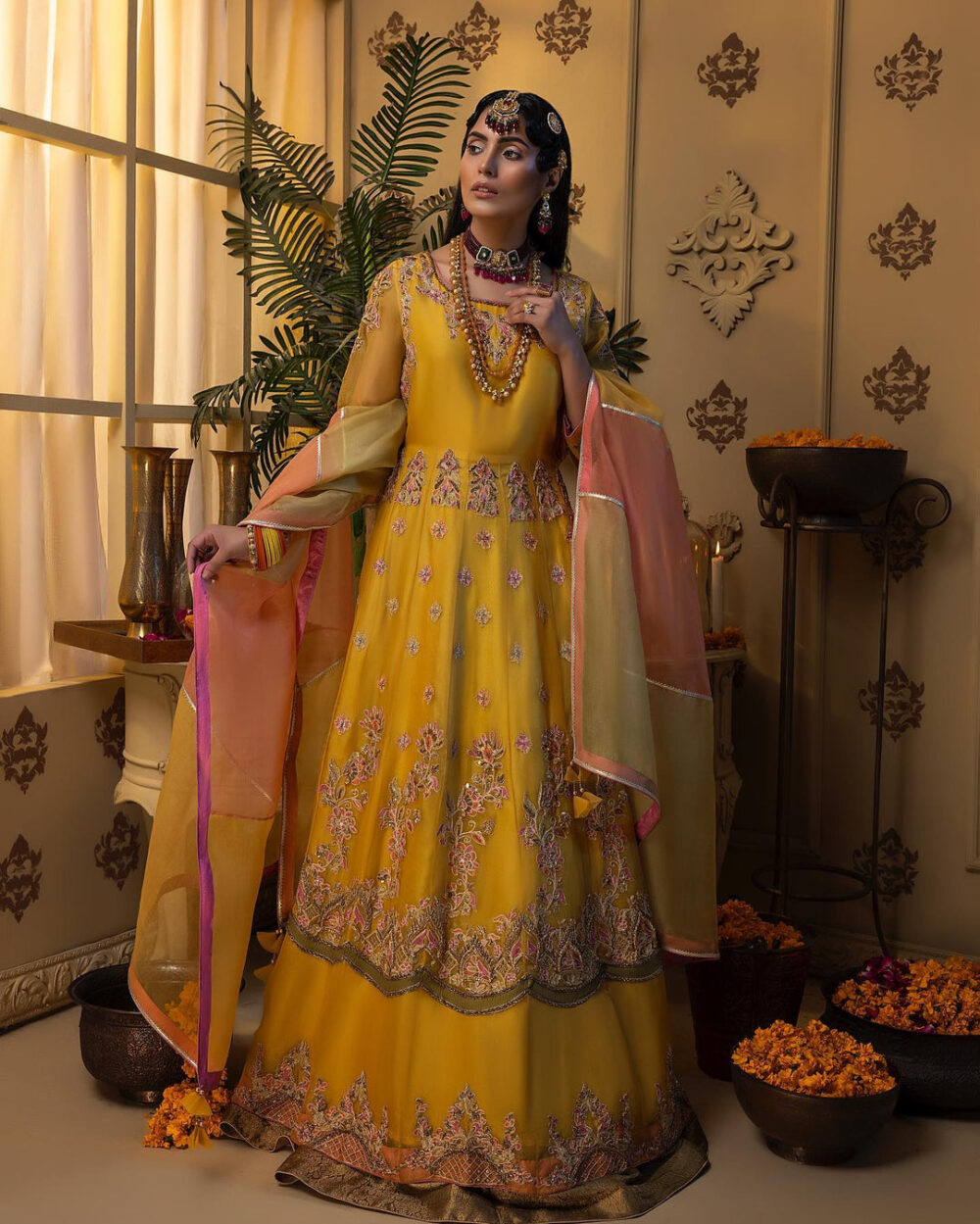 Bridal Lehenga and Pishwas Yellow Mehndi Dress #BS835 - Image 2