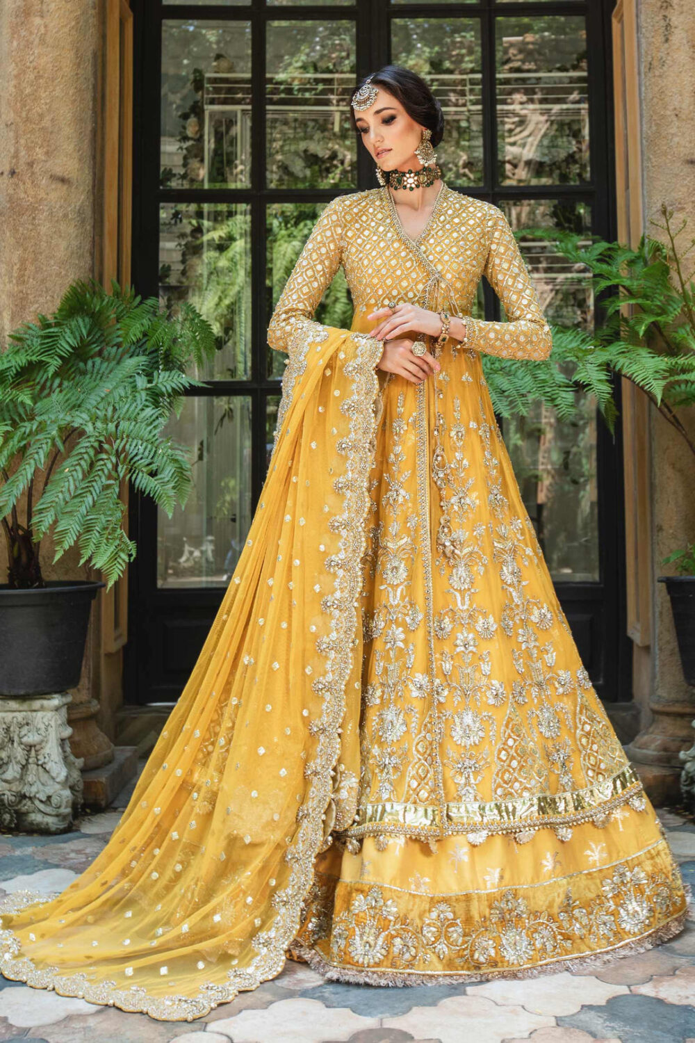 Pakistani Bridal Mehndi Dress in Angrakha Lehenga Style - Image 2