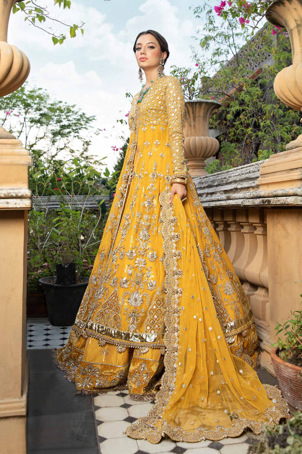 Pakistani Bridal Mehndi Dress in Angrakha Lehenga Style - Image 3