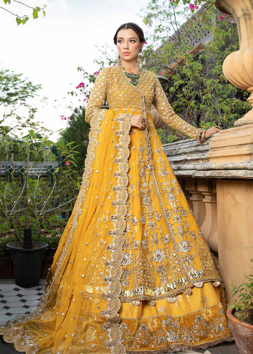 Pakistani Bridal Mehndi Dress in Angrakha Lehenga Style